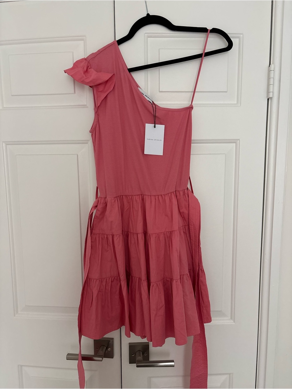 Karina Grimaldi Coral Pink One-Shoulder Tiered Mini Dress